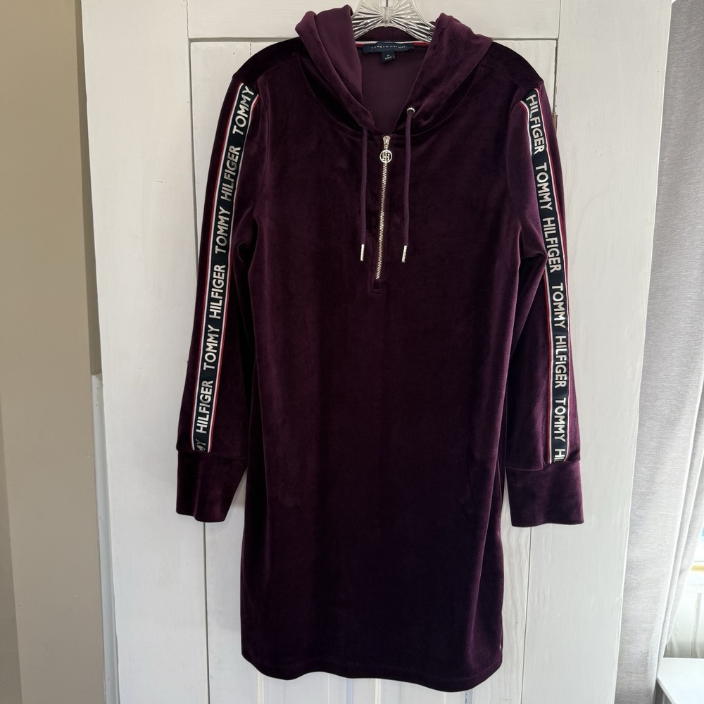 NEW Tommy Hilfiger Women's Medium Purple Soft Velour Hooded Sweatshirt Dress